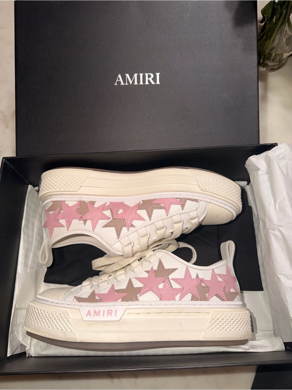 AMIRI Cream Sneakers with Pink and Tan Stars
